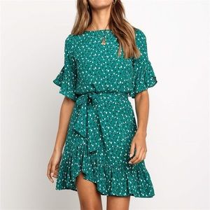 Teal dress with white and navy dots